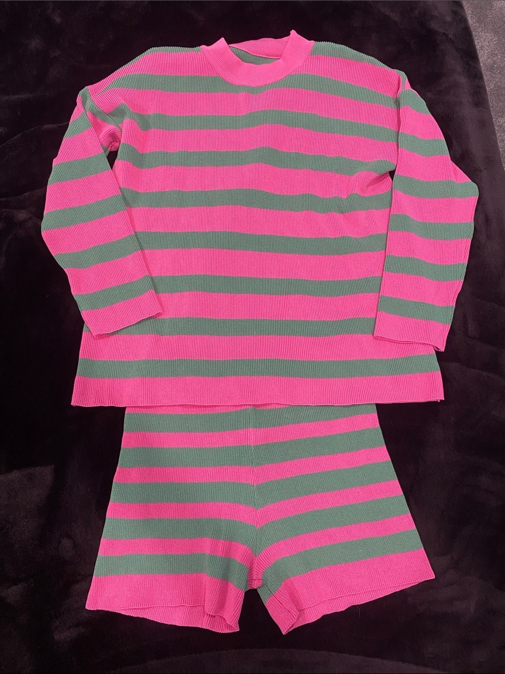 Soft Pink and Green Striped Women’s Pajama Set - Short Sleeve Top & Shorts